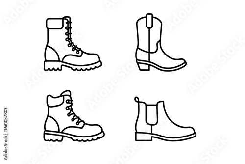 Boot icon set collection. Vector line art illustration of various footwear styles. Includes combat boot, cowboy boot, hiking boot, work boot, and Chelsea boot symbols.