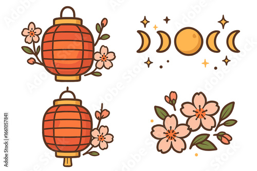 Decorative symbols collection. Chinese lantern, cherry blossom, sakura flower, moon phases. Asian oriental festival vector cartoon illustration set. Isolated graphic element.