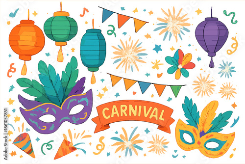Carnival celebration vector elements set. Colorful collection with festive mask, lantern, firework, confetti popper. Mardi Gras parade design illustration. Fair holiday decor.