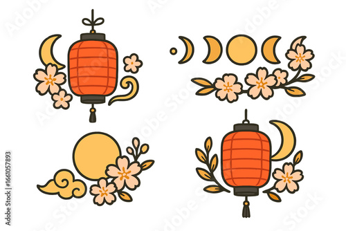 Chinese lantern and sakura blossom vector set. Moon phases and cloud icons for Asian Mid-Autumn festival or Lunar New Year. Japan culture sticker cartoon illustration pack.