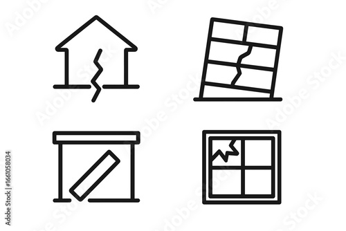 Structural damage icon set. Outline icons for building assessment. Cracked foundation, tilted wall, fallen beam, broken window. Vector for disaster, earthquake, ruin, collapse.