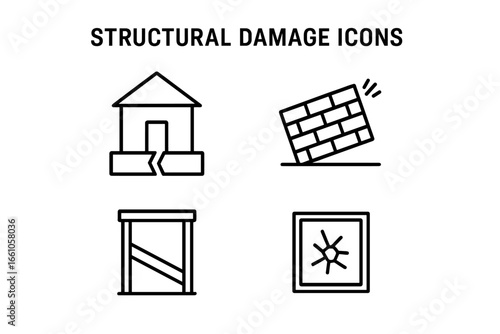 Structural damage line icon set. Vector outline symbols for property assessment and insurance claims. Cracked foundation, tilted brick wall, broken beam, house collapse concepts.