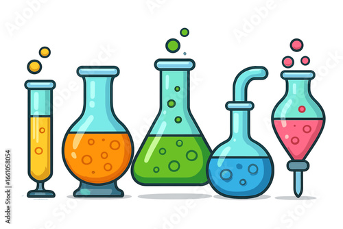 Vector set of lab glassware icons. Colorful chemical test tubes and flasks with liquid for science experiment. Chemistry research, biotechnology or education concept illustration.