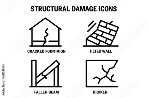 Structural damage line icon set. Home insurance and property assessment symbols. Cracked house foundation, tilted wall, fallen beam, and broken building concepts vector icons.