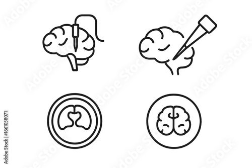 Brain research tools icon set for neuroscience. Outline vector icons of electrophysiology, microelectrode probe, patch clamp pipette, and brain slice in a petri dish for lab work.