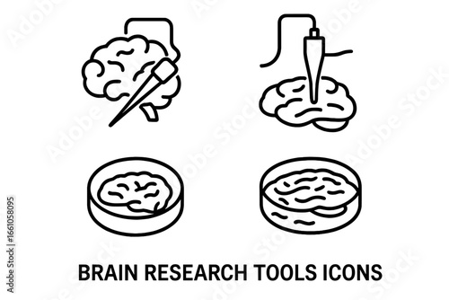 Brain research tools icon set. Neuroscience and neurology experiment concept. Vector line art of microelectrode probe, patch clamp pipette and brain slice in a petri dish. Science.