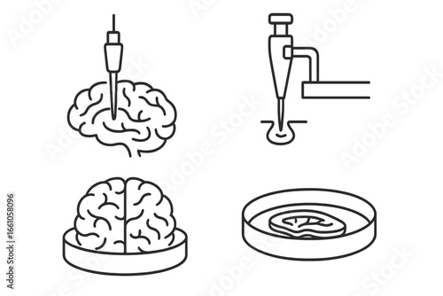 Brain research tools icon set. Neuroscience and neurology concepts. Microelectrode probe, patch clamp pipette, and brain slice in petri dish. Vector line art illustration.