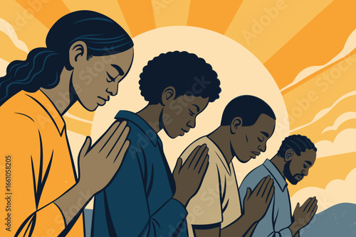 Diverse group praying together, hands folded in unity, spiritual devotion, communal worship, serene atmosphere, seeking guidance, interfaith prayer.