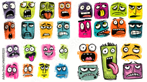 Vibrant cartoon illustration of monster faces showing funny emotions and expressions in colorful hand-drawn style. Ideal for children’s books, stickers, games, or emotion education design.
