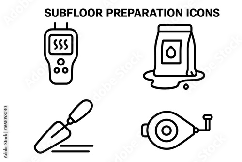 Subfloor preparation outline icon set. Flooring installation tools. Moisture meter, self-leveling compound, trowel, chalk line. Renovation and construction vector symbols.