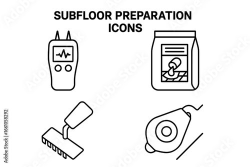 Subfloor preparation outline icon set for flooring installation. Vector symbols of moisture meter, self-leveling compound, notched trowel, and chalk line for construction.
