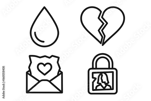 Breakup and sadness outline icon set. Heartbreak, divorce, relationship crisis concept. Vector symbols of broken heart, teardrop, crumpled love letter, shattered photo.