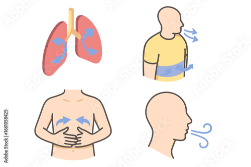 Breathing exercise isometric icon set. Breath control techniques for relaxation, yoga, meditation. Lungs with airflow, diaphragmatic breathing, pranayama inhale and exhale vector.