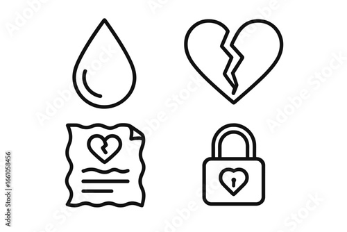 Breakup and sadness icon set. Vector outline icons of a broken heart, teardrop, crumpled love letter, and locked heart. Relationship problems, divorce, grief, and heartbreak concept.