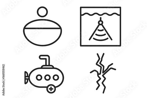 Europa subsurface scanning icon set. Outline vector icons: sonar, submersible, ice crack, cryobot. For science, space exploration, geology, astrobiology, ocean research.