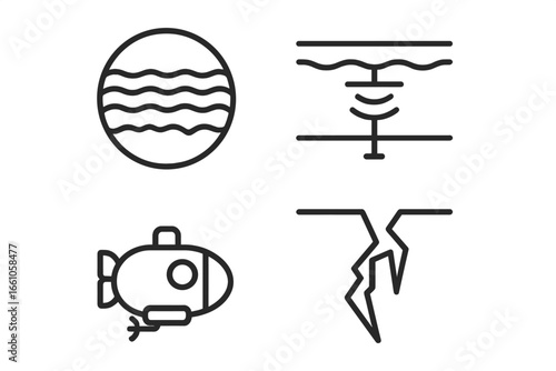 Europa subsurface scanning vector icon set. Space exploration of icy moon ocean. Submersible with sonar beam scanning ice layer for cracks and signs of water or life.