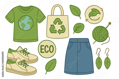 Sustainable fashion set with eco friendly clothing. Cartoon vector illustration. Conscious consumerism concept. Recycle, reuse, reduce. Ethical garment and accessories isolated.