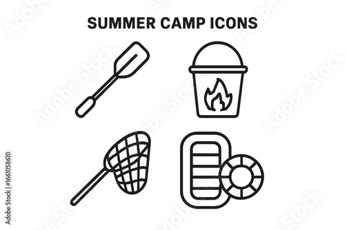 Summer camp outline icon set for outdoor adventure. Vector icons of paddle, fire bucket, fishing net, inflatable raft, and lifebuoy for water games and recreation concepts.