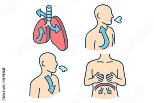 Breathing techniques icon set. Breath control, deep diaphragmatic breathing. Inhale and exhale. Lungs airflow, respiratory system. Health, yoga and meditation vector icons.
