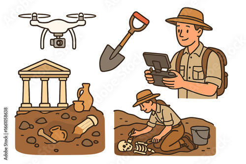 Archaeology exploration with drone technology. Archaeologist characters at excavation site. Digging ancient ruins, discovering skeleton and artifacts. Paleontology vector icon set.