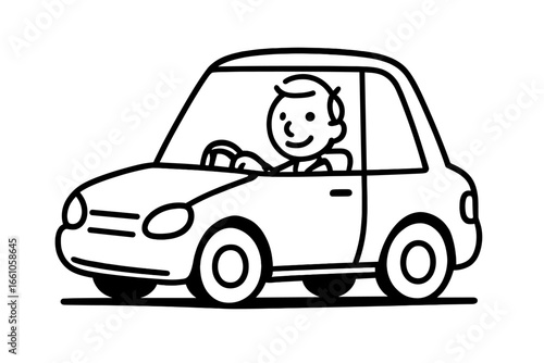 Car driving with a stick figure. Man in auto vehicle. Simple outline design. Person behind the wheel. Vector cartoon illustration. Transport, commute, travel, journey concept.