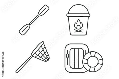 Summer camp outline icon set for outdoor adventure and recreation. Vector collection of water safety elements like paddle, fire bucket, fishing net, raft, and lifebuoy.