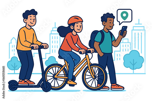 People using urban mobility options like shared electric scooter and bicycle. Man using phone navigation app for city travel. Eco-friendly transport concept vector illustration.