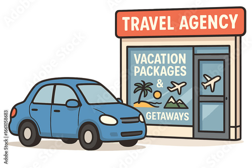 Car parked at travel agency office. Vector concept for booking vacation packages, summer holiday getaways, tourism, road trips, and adventure planning. Storefront illustration.