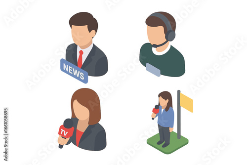 Broadcast icons isometric set. News anchor, tv presenter, analyst and reporter vector avatars. Journalism and media concept. Live report, interview, newscast characters illustration.