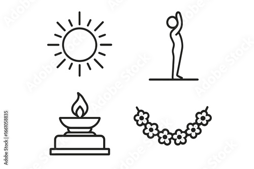 Sun Salutation outline icon set for solar worship. Vector icons of Surya Namaskar yoga pose, sun, puja altar lamp and flower garland. Spiritual Hindu practice concept.