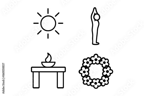 Sun Salutation outline icon set. Vector collection for Surya Namaskar, including sun symbol, yoga pose, altar with diya lamp, and flower garland for spiritual worship.