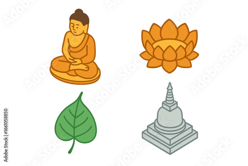 Buddhist symbolism isometric icon set. Vector collection of sacred symbols: meditating Buddha statue, lotus flower, Bodhi tree leaf, and a stupa. Asian spirituality, religion, faith.