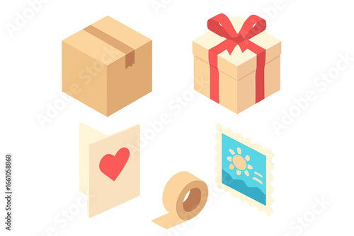 Care package isometric icon set. Sending gift box, postal mail concepts. Vector illustration of cardboard parcel, greeting card, present, stamp, tape. Donation, support.
