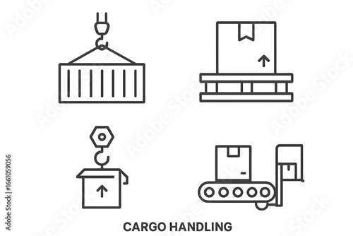 Cargo handling outline icons set. Thin line vector symbols for logistics, shipping, delivery service. Container, crane, pallet, box, conveyor belt, tail lift illustration.
