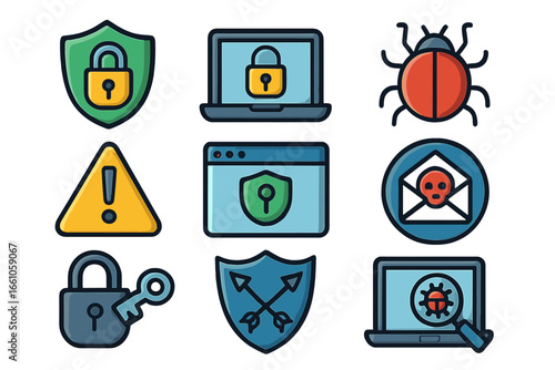 Cybersecurity icon set. Vector collection of security symbols like shield, lock, key, virus bug, phishing mail, and antivirus scan. Digital data protection and privacy concept.