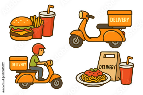 Food delivery service vector set. Cartoon icons of a courier on a scooter, fast food meal with burger and fries, spaghetti, and a takeout bag. Express restaurant online order concept.