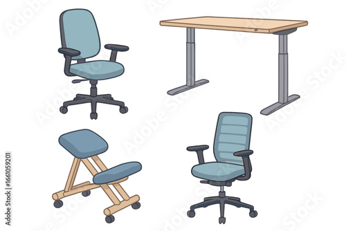 Ergonomic office furniture collection. Vector set of adjustable standing desk, kneeling chair, and modern swivel task chairs. Healthy workplace & posture concept illustration.