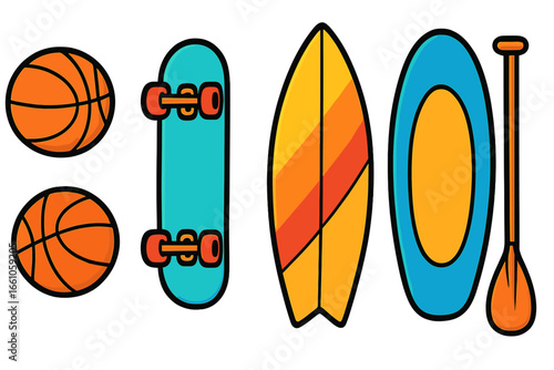 Vector sport icons collection. Basketball, skateboard, surfboard, paddleboard with oar. Active fun lifestyle. Summer beach and street sports. Flat cartoon graphic design set.