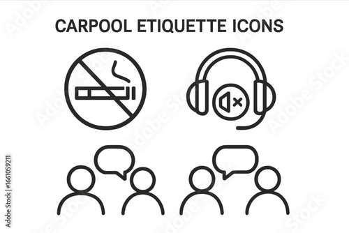 Carpool etiquette outline icon set. Ride sharing rules and passenger guidelines. No smoking sign, quiet zone with headphones, and conversation symbols. Vector illustration.