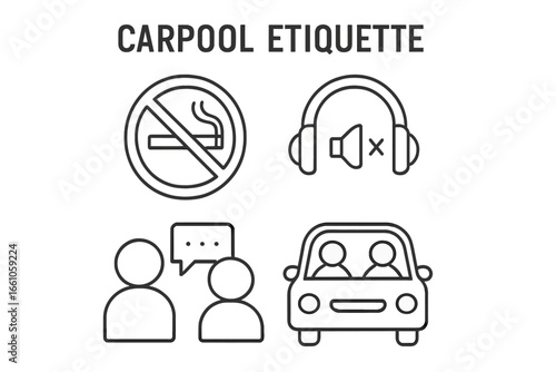 Carpool etiquette outline icon set. Ride sharing rules and passenger guidelines. No smoking sign, quiet zone with headphones, and conversation symbol. Car sharing vector icons.