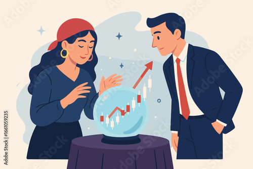 Stock market forecast metaphor. Fortune teller showing businessman economic trend in crystal ball. Investment opportunity or business vision concept. Future financial prediction.