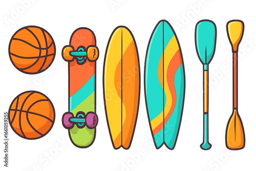 Sports equipment vector collection. Cartoon set with basketball, skateboard, surfboard, paddle. Summer activity gear for beach and outdoors. Active lifestyle, fun recreation concept.