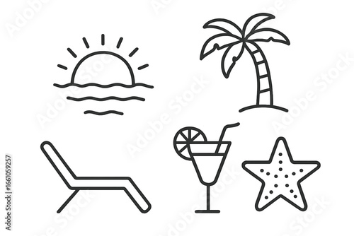 Summer beach outline icon set. Thin line vector symbols of sunset, palm tree, cocktail, lounge chair, and starfish. Tropical vacation, travel and holiday graphic elements.
