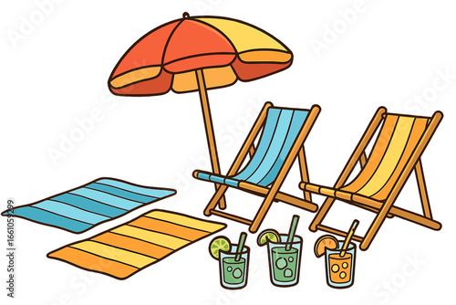 Beach vacation essentials with lounge chairs, umbrella, towels and refreshing cocktails. Summer holiday relaxation concept. Seaside leisure and fun in the sun. Vector cartoon set.