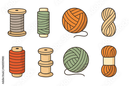 Sewing and knitting icon set. Collection of thread spools, bobbins, yarn balls, and skeins. Minimalist vector cartoon illustration for craft, hobby, and handmade projects.