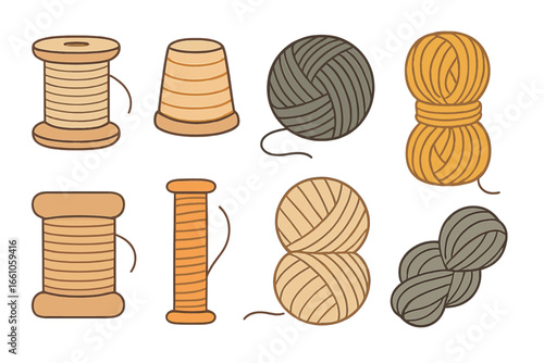 Collection of sewing and knitting icons. Thread spools, yarn balls, and thimble illustrations. Handmade craft and hobby concept. Minimalist vector set for needlework design.