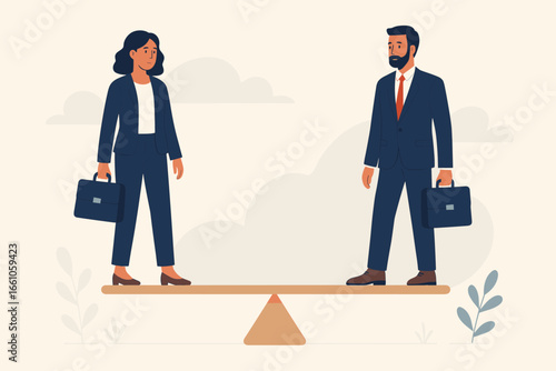 Gender equality concept. Man and woman balancing on seesaw. Metaphor for equal opportunity pay, fairness, justice, diversity and inclusion. Business team on scale. Modern vector.