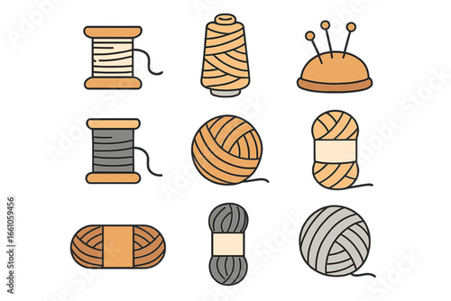 Sewing and knitting supplies icon set. Thread spool, yarn ball, pincushion collection. Handmade craft, needlework, and tailor equipment. Minimalist vector cartoon illustration.