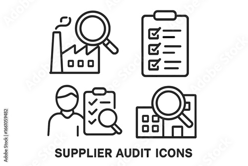 Supplier audit icon set. Vector line icons for quality control, inspection, and compliance. Factory, checklist, auditor, vendor assessment, and monitoring symbols for business.