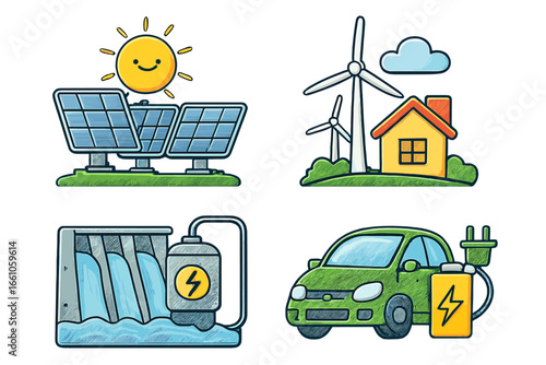 Renewable energy icon set. Green power sources collection. Solar panel, wind turbine, hydro power dam, and electric car. Sustainable technology for a clean future. Cartoon vector.